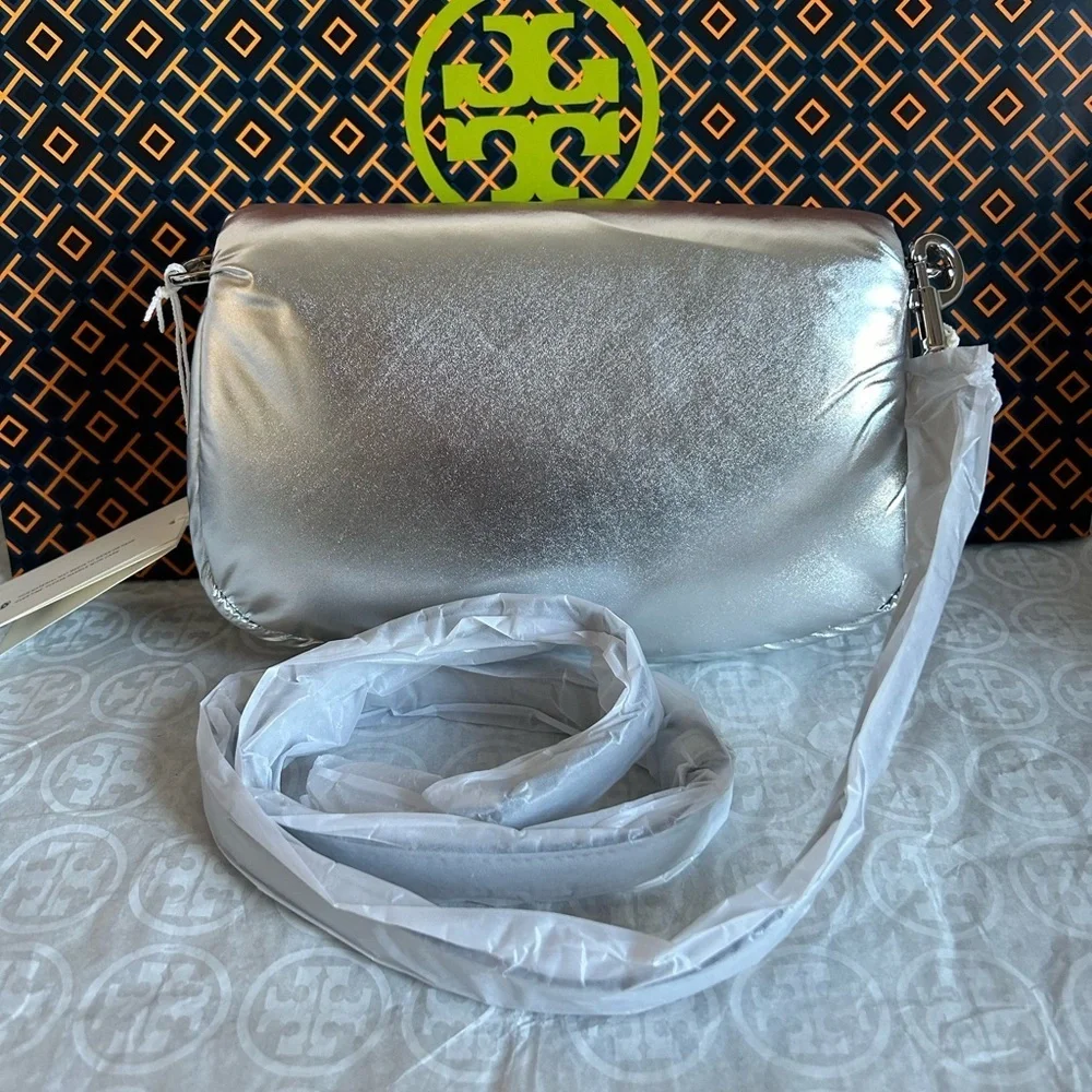 Tory Burch Britten Metallic Puffy Convertible Crossbody Bag Silver